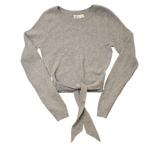 Hollister Women's Grey Knit Cropped Sweatshirt Tie Waist Soft Cozy Crew Small